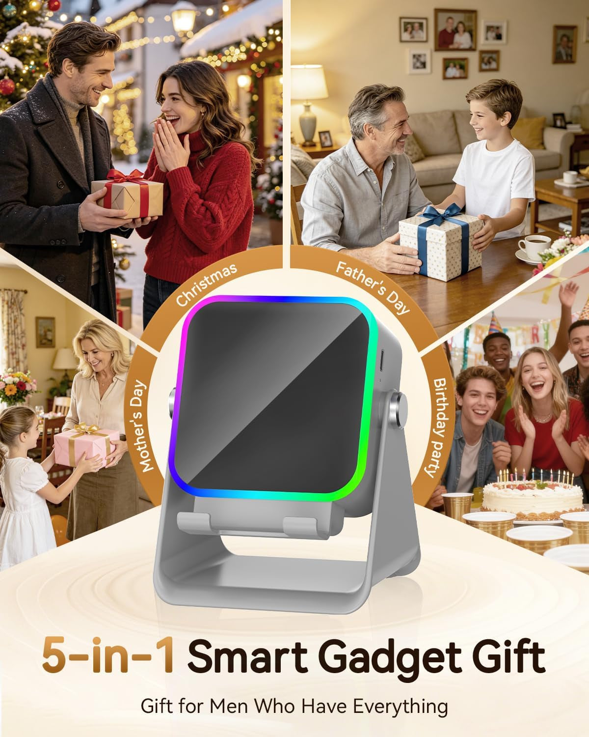 Gifts for Men Tech Gadgets Wireless Induction Speaker with Phone Stand | 5-In-1 Bluetooth Speaker with RGB Light, Adjustable Desk Phone Holder with Emergency Charging for Home Office Kitchen Use