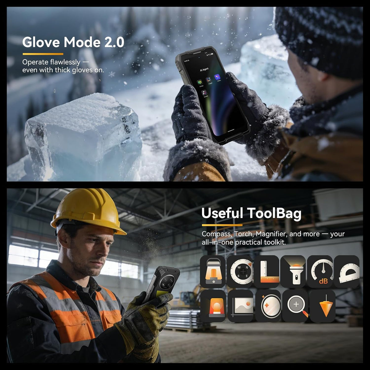 Rock 2 Pro 5G Rugged Phone Android 16, 15000Mah/33W Dual 400LM Camping Light, 32GB+256GB/2TB Rugged Smartphone Unlocked Gemini AI, 16MP+13MP 6.67" 2.4K 120Hz Glove Mode/Nfc