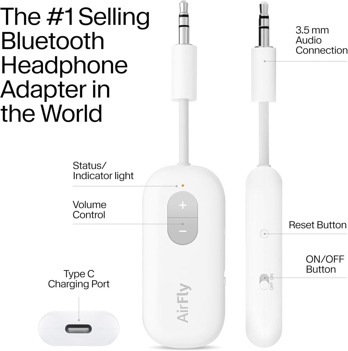 Airfly SE, Bluetooth Wireless Audio Transmitter for Airpods/Wireless or Noise-Cancelling Headphones; Use with 3.5 Mm Audio Jack on Airplanes, Gym Equipment or Ipad/Tablets (Cool White)