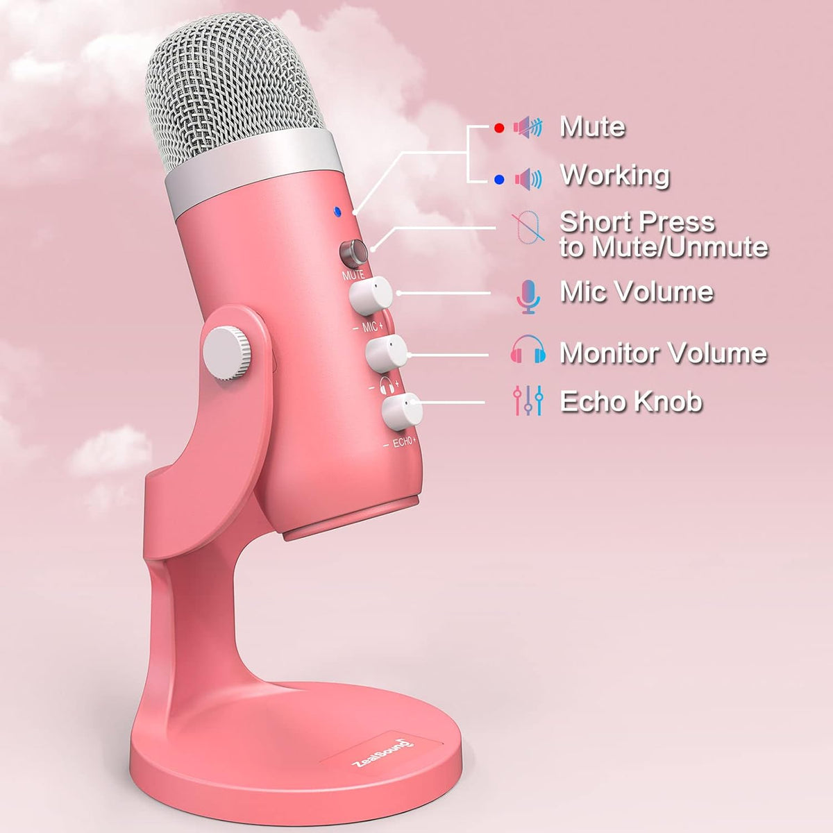 Podcast Microphone for Iphone PC & Mac, Noise Cancellation USB Mic with Volume, Mute & Echo Control, Zero-Latency Monitoring, for ASMR, Podcasting, Vocal Recording & Voice-Over - K66 Pink