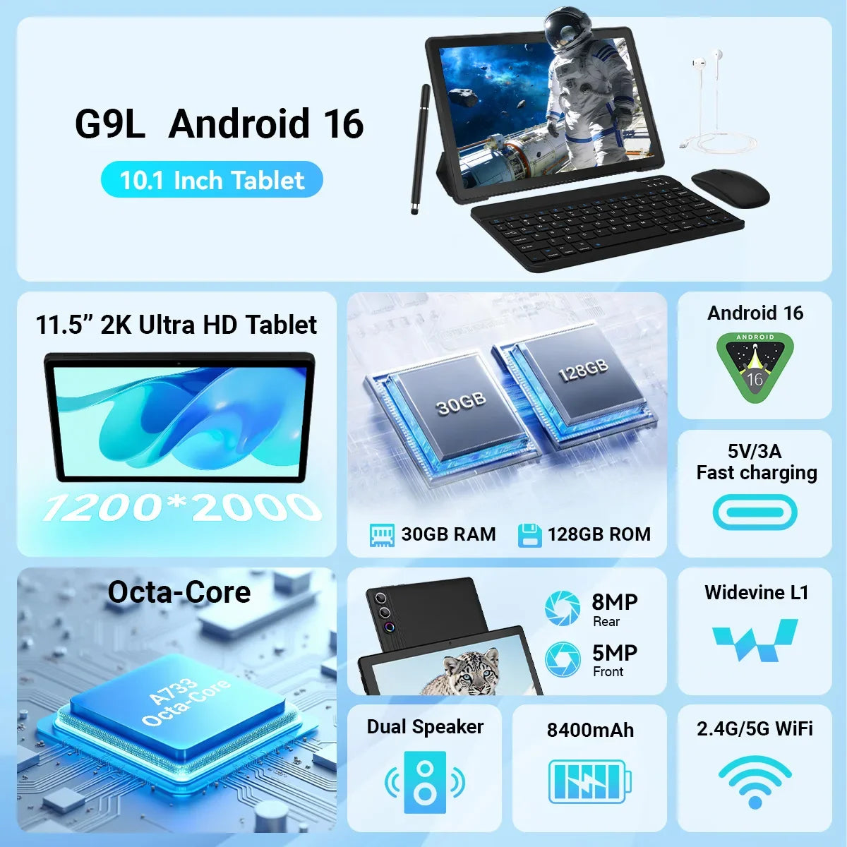 G9L 11.5 Inch Tablet Android 15 30GB+128GB+1TB Expand 8400Mah 2K 1200X2000 HD IPS Screen Wifi 6 Dual Camera Widevine L1 GMS