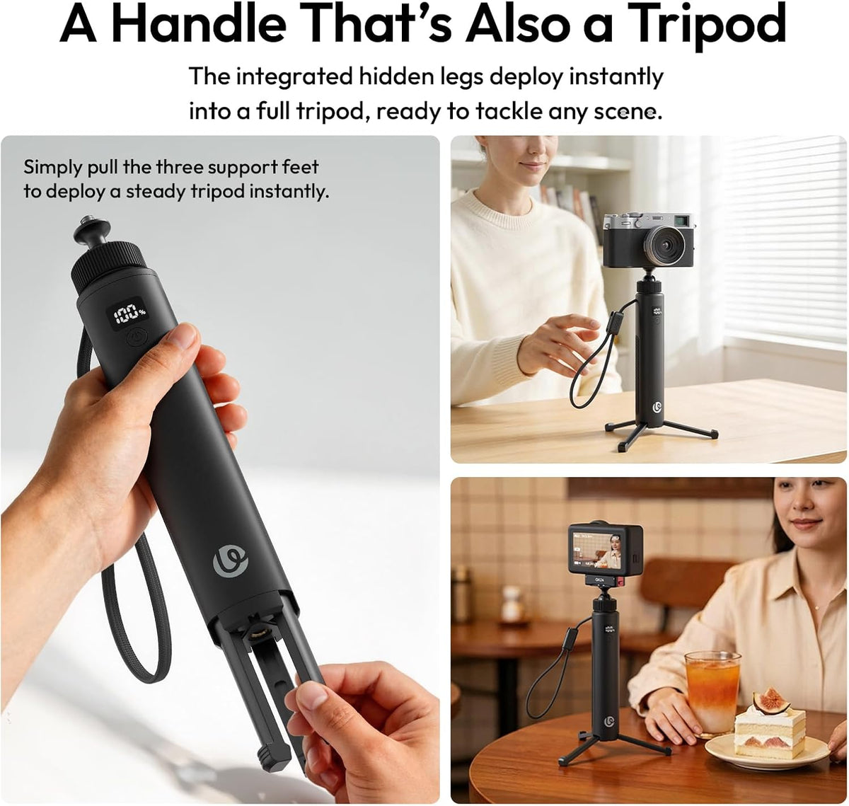 MA93 Battery Power Handle Grip with Hidden Tripod, 10000Mah Portable Power Bank for Action Camera & Phone,Mobile Charger with Multi-Function Lanyard for Gimbal Camera Accessories
