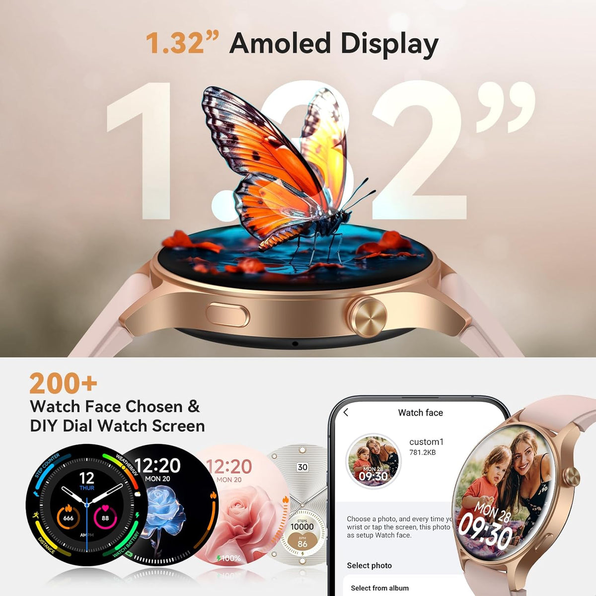 Smart Watch for Women, AMOLED Ultra-Clear Screen Activity Trackers with Heart Rate/Sleep/Spo2 Monitor, Waterproof Fitness Smartwatch for Iphone/Samsung/Android(Pink Gold)