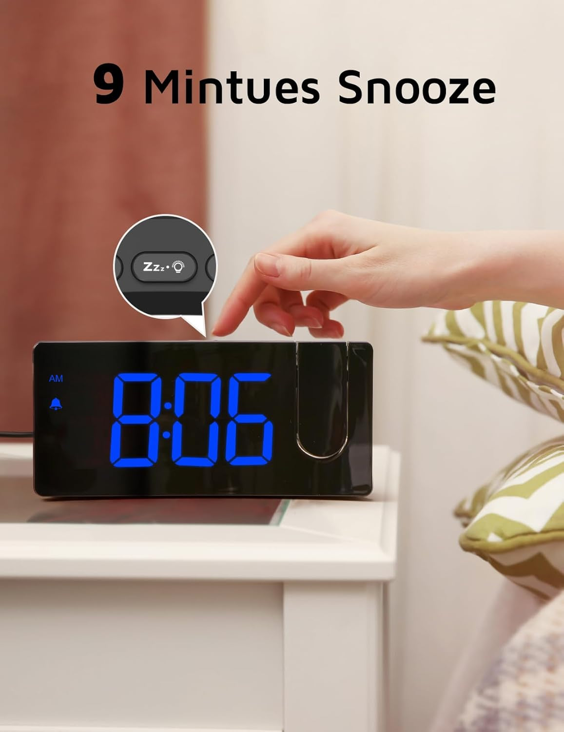 Projection Alarm Clock, Digital Clock with Modern Curved Design 180° Rotatable Projector, 3-Level Brightness Dimmer, Clear Blue LED Display, Progressive Volume, 9Mins Snooze,12/24H, for Bedroom