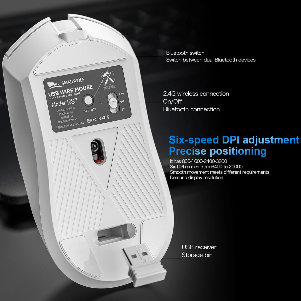 RS7 Bluetooth Wireless Three-Mode E-Sports Gaming Mouse 2000DPI Six-Speed Adjustable PAW3311 Gaming Office Mouse
