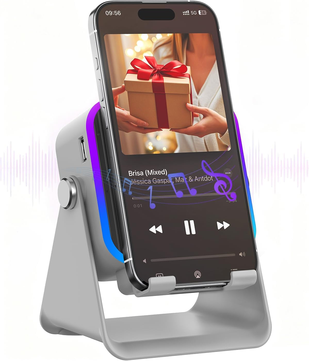 Gifts for Men Tech Gadgets Wireless Induction Speaker with Phone Stand | 5-In-1 Bluetooth Speaker with RGB Light, Adjustable Desk Phone Holder with Emergency Charging for Home Office Kitchen Use