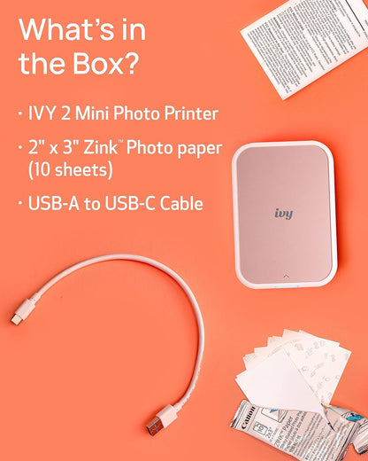 Ivy 2 Mini Photo Printer (Blush Pink), Bluetooth Portable Smartphone Printer for Ios &amp; Android, Bundle with 10 Zink Sticky-Back Photo Prints, LED Light Bar, Protective Case &amp; USB Cable