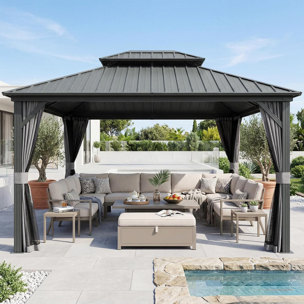 Domi 10' X 12' Hardtop Gazebo Canopy with Netting & Curtains, Outdoor Aluminum Gazebo with Galvanized Steel Double Roof for Patio Lawn and Garden, Gray