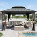 Domi 10' X 12' Hardtop Gazebo Canopy with Netting & Curtains, Outdoor Aluminum Gazebo with Galvanized Steel Double Roof for Patio Lawn and Garden, Gray