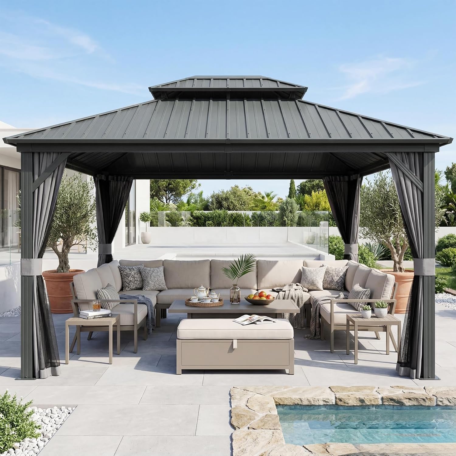 Domi 10' X 12' Hardtop Gazebo Canopy with Netting & Curtains, Outdoor Aluminum Gazebo with Galvanized Steel Double Roof for Patio Lawn and Garden, Gray