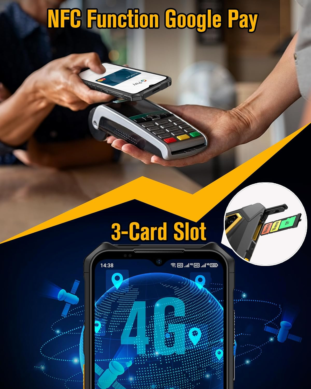 Rugged Smartphones Canada Android 15,  Armor X13 Unlocked Cell Phone, 50MP+24MP+8MP Cameras, 12+64GB Storage, 6.52” Screen, 6320Mah, Nfc,Gps,Dual 4G Volte Rugged Phones(Orange)