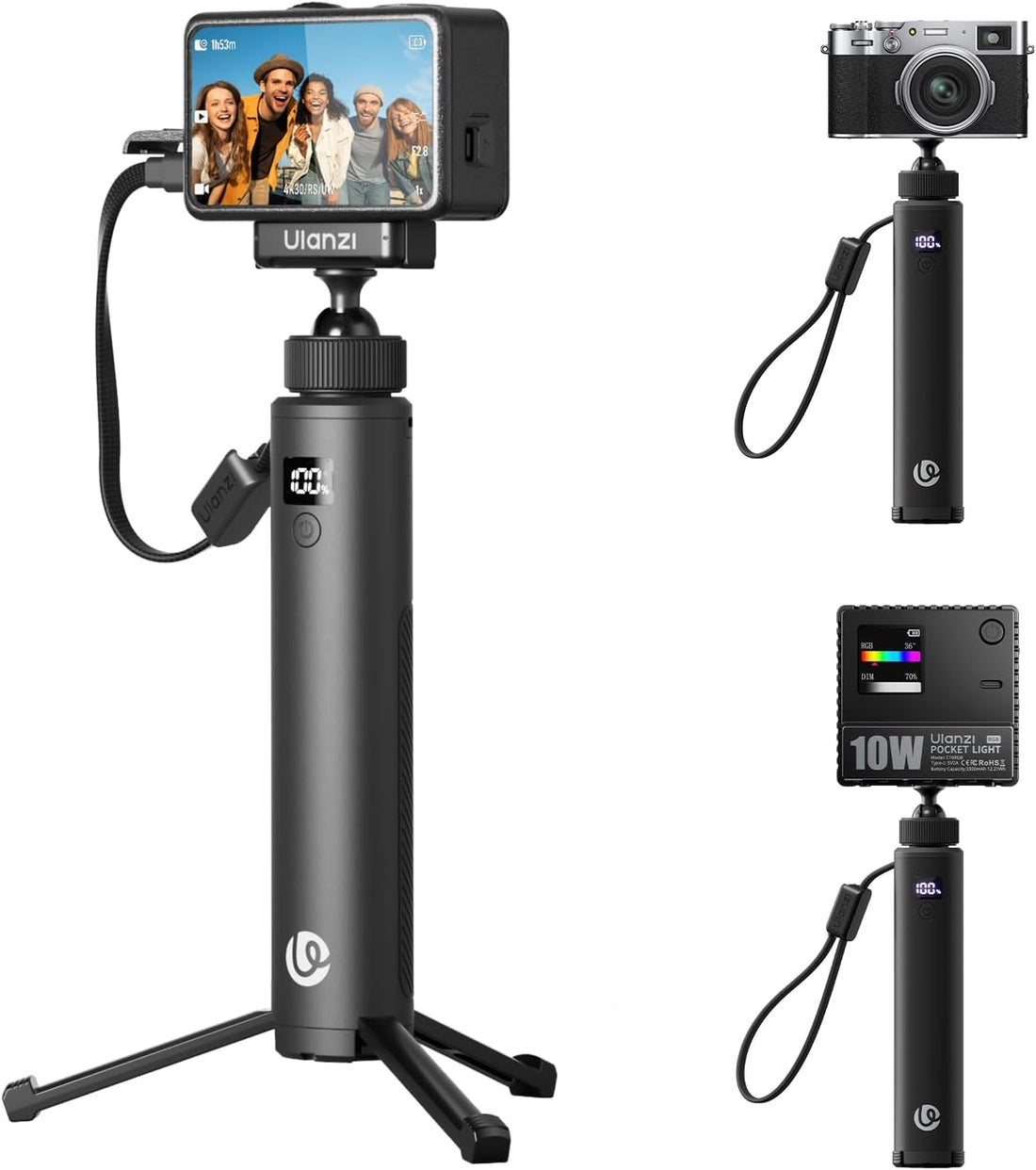 MA93 Battery Power Handle Grip with Hidden Tripod, 10000Mah Portable Power Bank for Action Camera &amp; Phone,Mobile Charger with Multi-Function Lanyard for Gimbal Camera Accessories
