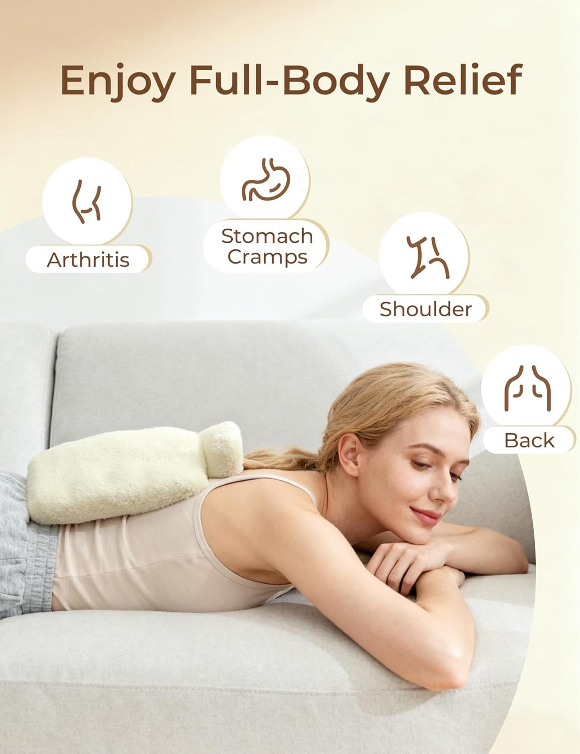 Hot Water Bottle with Cover, 2L Rubber Hot Water Bag with Soft Cover (2 Liter), for Cramps, Compress Pain Relief, Removable Hot Cold Pack, Hot Water Bed Warm(Beige)