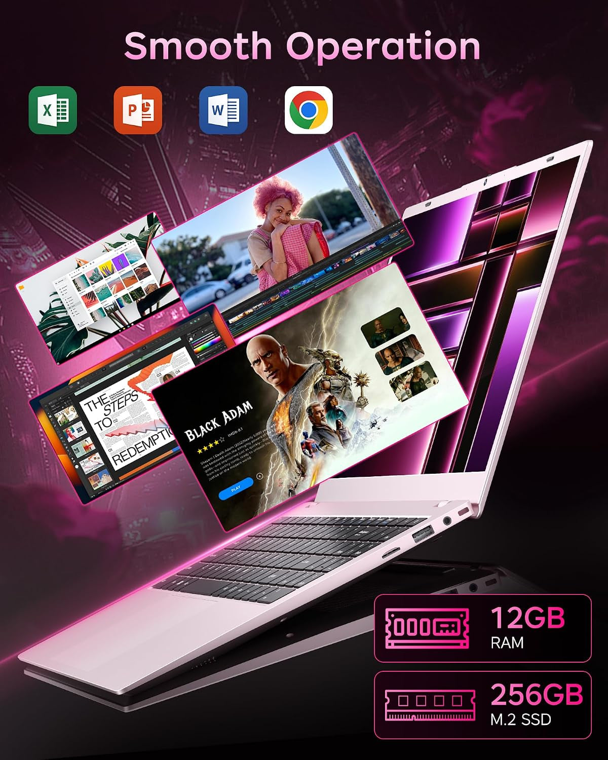 Pink Laptop 15.6 Inch, 12GB RAM 256GB SSD, Pentium 6500Y up to 3.4Ghz, 1080P FHD IPS Screen, USB C, USB 3.2, HDMI, Wifi5, BT5.2, Computer Laptops for Student, Business, Home