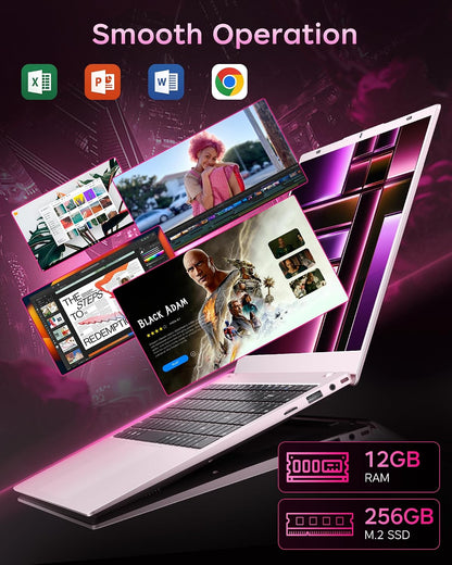 Pink Laptop 15.6 Inch, 12GB RAM 256GB SSD, Pentium 6500Y up to 3.4Ghz, 1080P FHD IPS Screen, USB C, USB 3.2, HDMI, Wifi5, BT5.2, Computer Laptops for Student, Business, Home