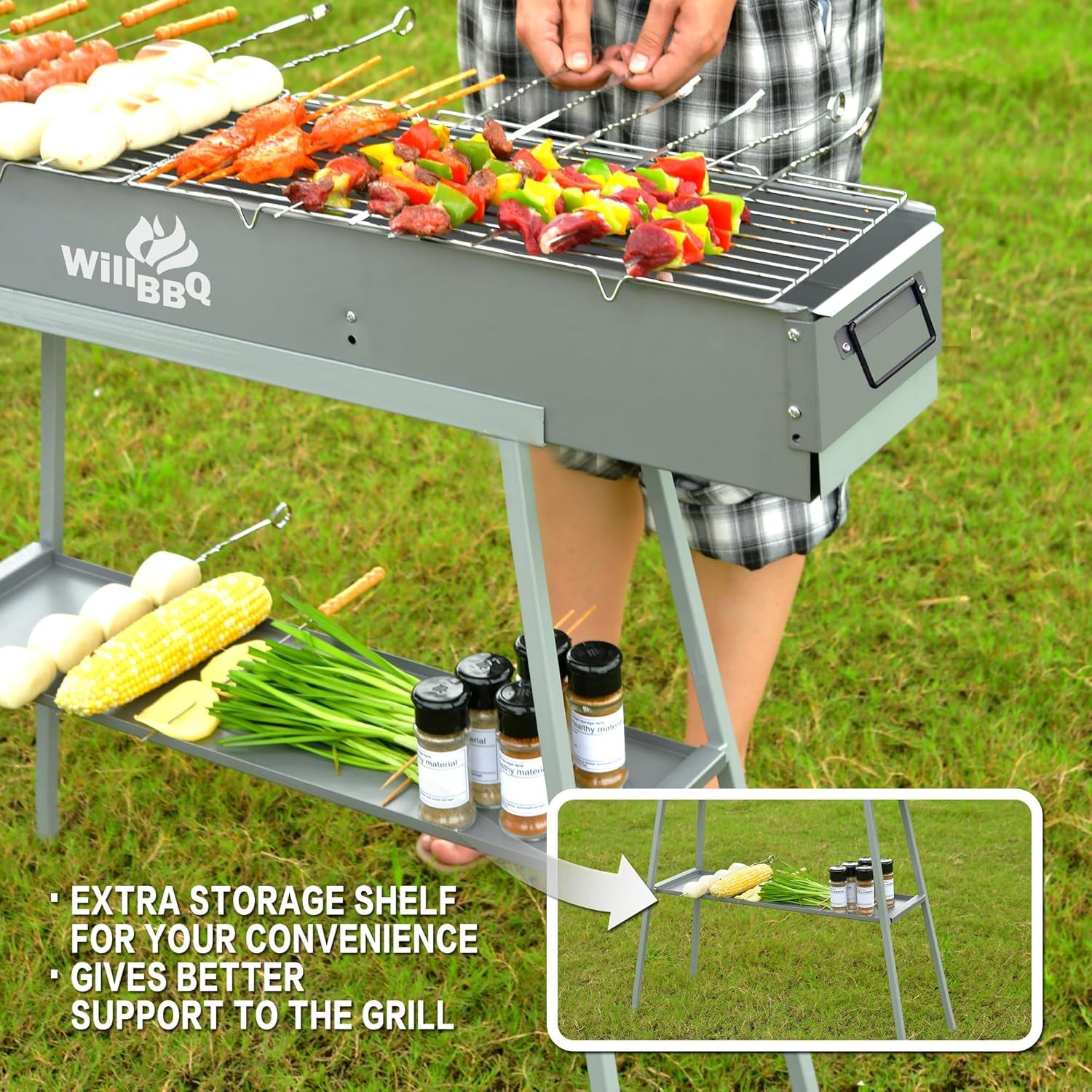 Charcoal Grills Commercial Quality Portable Multiple Size Hibachi BBQ Lamb Skewer Detachable‌ Camping Barbecue Grill for Garden Backyard Party Picnic Outdoor Cooking Use(31.6X7.1X5.1 Inch)
