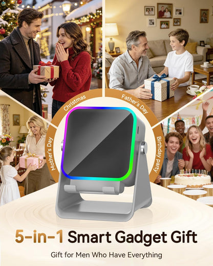 Gifts for Men Tech Gadgets Wireless Induction Speaker with Phone Stand | 5-In-1 Bluetooth Speaker with RGB Light, Adjustable Desk Phone Holder with Emergency Charging for Home Office Kitchen Use
