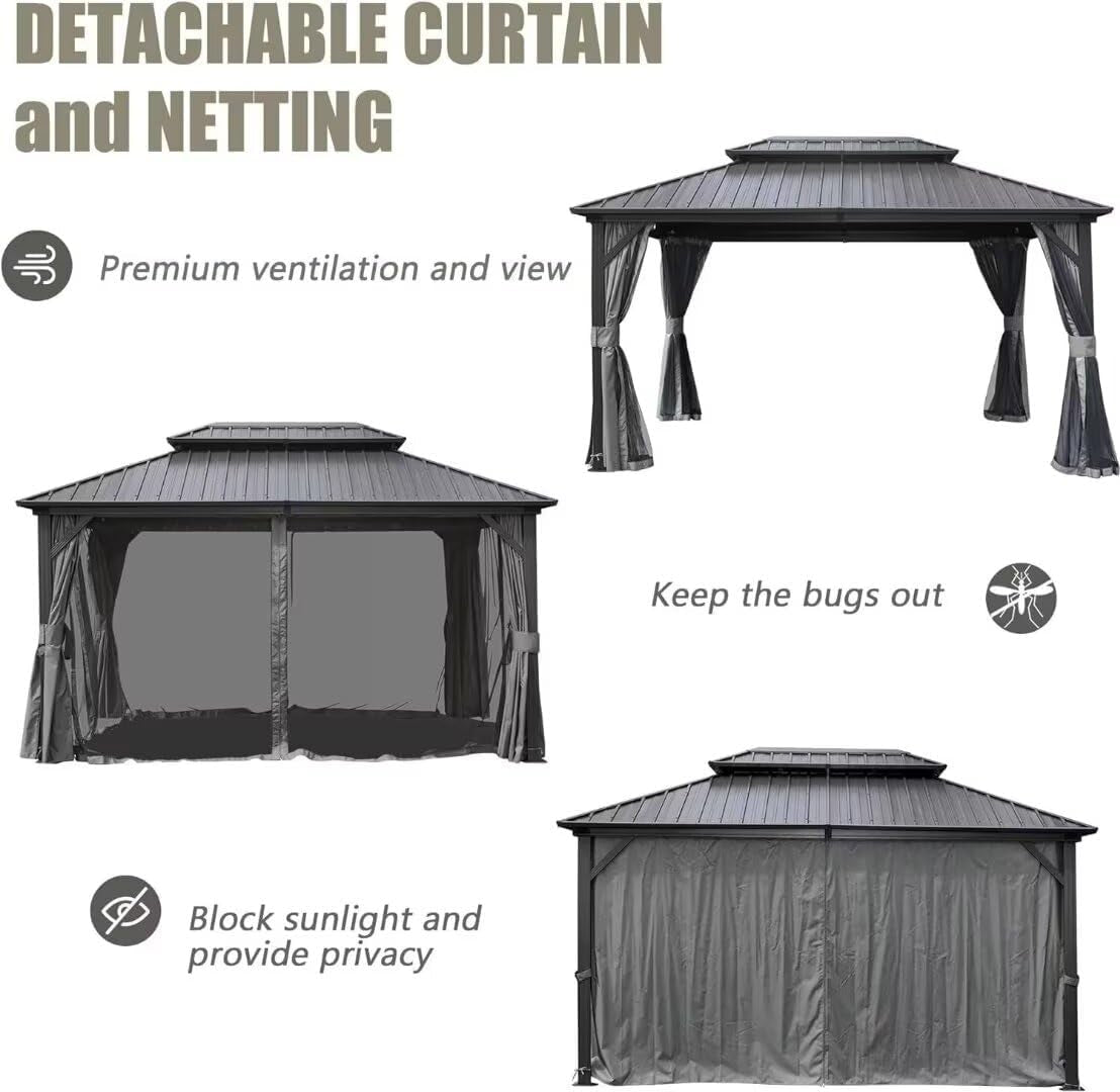 Domi 10' X 12' Hardtop Gazebo Canopy with Netting & Curtains, Outdoor Aluminum Gazebo with Galvanized Steel Double Roof for Patio Lawn and Garden, Gray