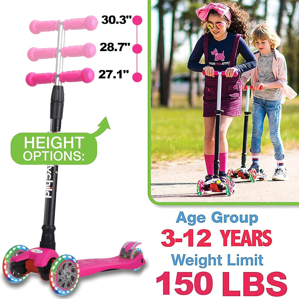 Scooters for Kids 3 Wheel Kick Scooter for Toddlers Girls & Boys, 4 Adjustable Height, Lean to Steer, Extra-Wide Deck, Light up Wheels for Children from 3 to 14 Years Old