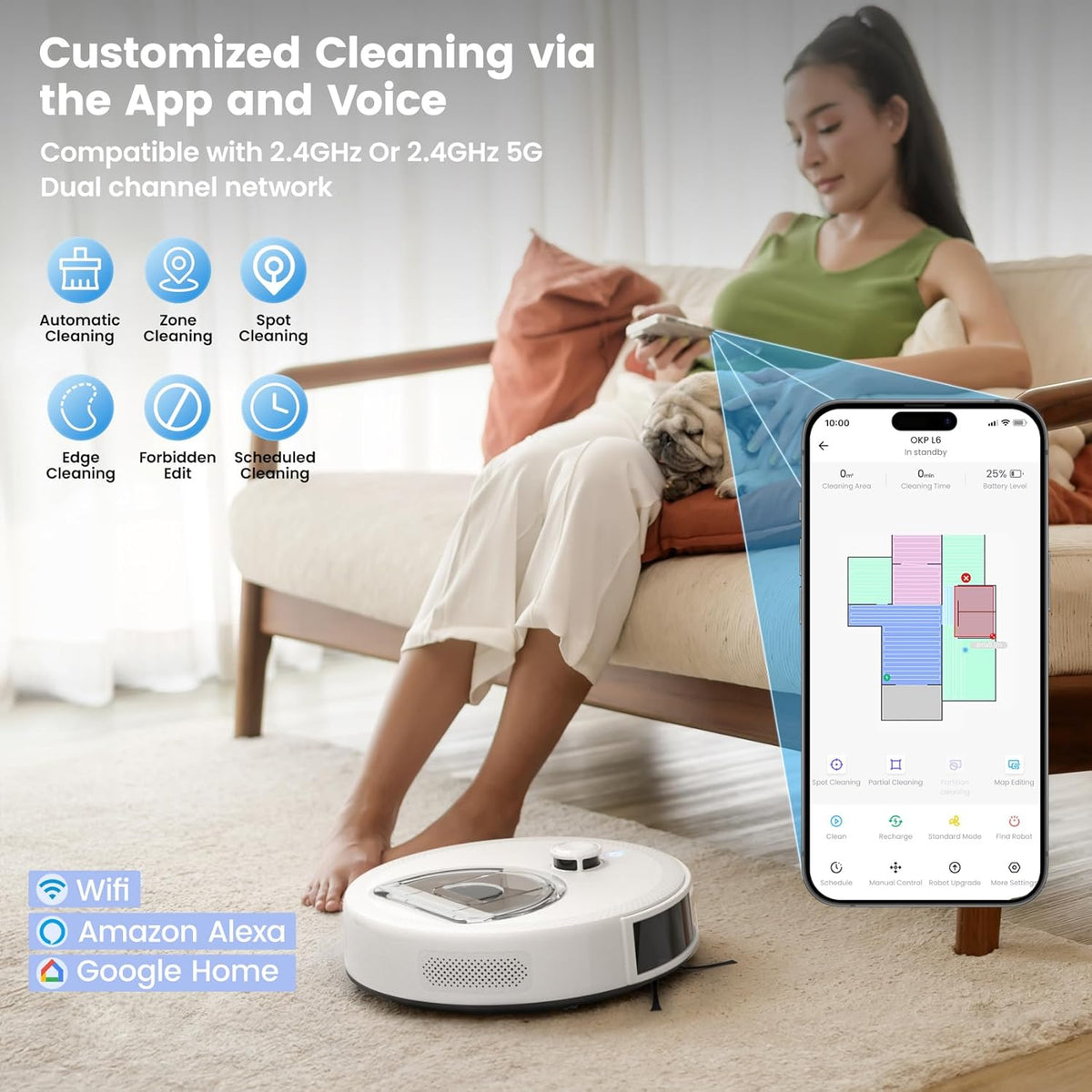 Robot Vacuum and Mop Combo, 6000Pa, Dtof Lidar, (L6 Aqua) | 6000Pa Suction, Anti-Tangle, 150 Min Runtime, 3.7" Slim, 5G Wifi/App/Alexa, Pet Hair, Hard Floors, Carpets, Home