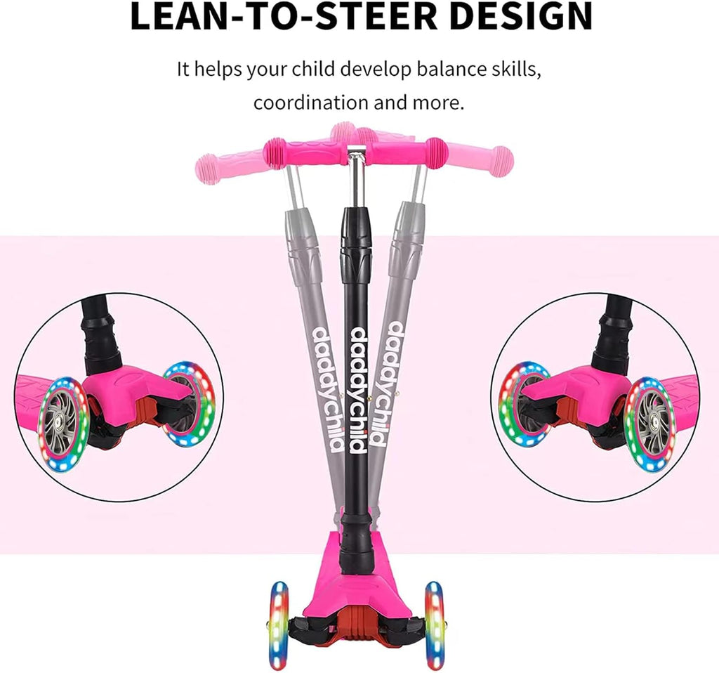 Scooters for Kids 3 Wheel Kick Scooter for Toddlers Girls & Boys, 4 Adjustable Height, Lean to Steer, Extra-Wide Deck, Light up Wheels for Children from 3 to 14 Years Old