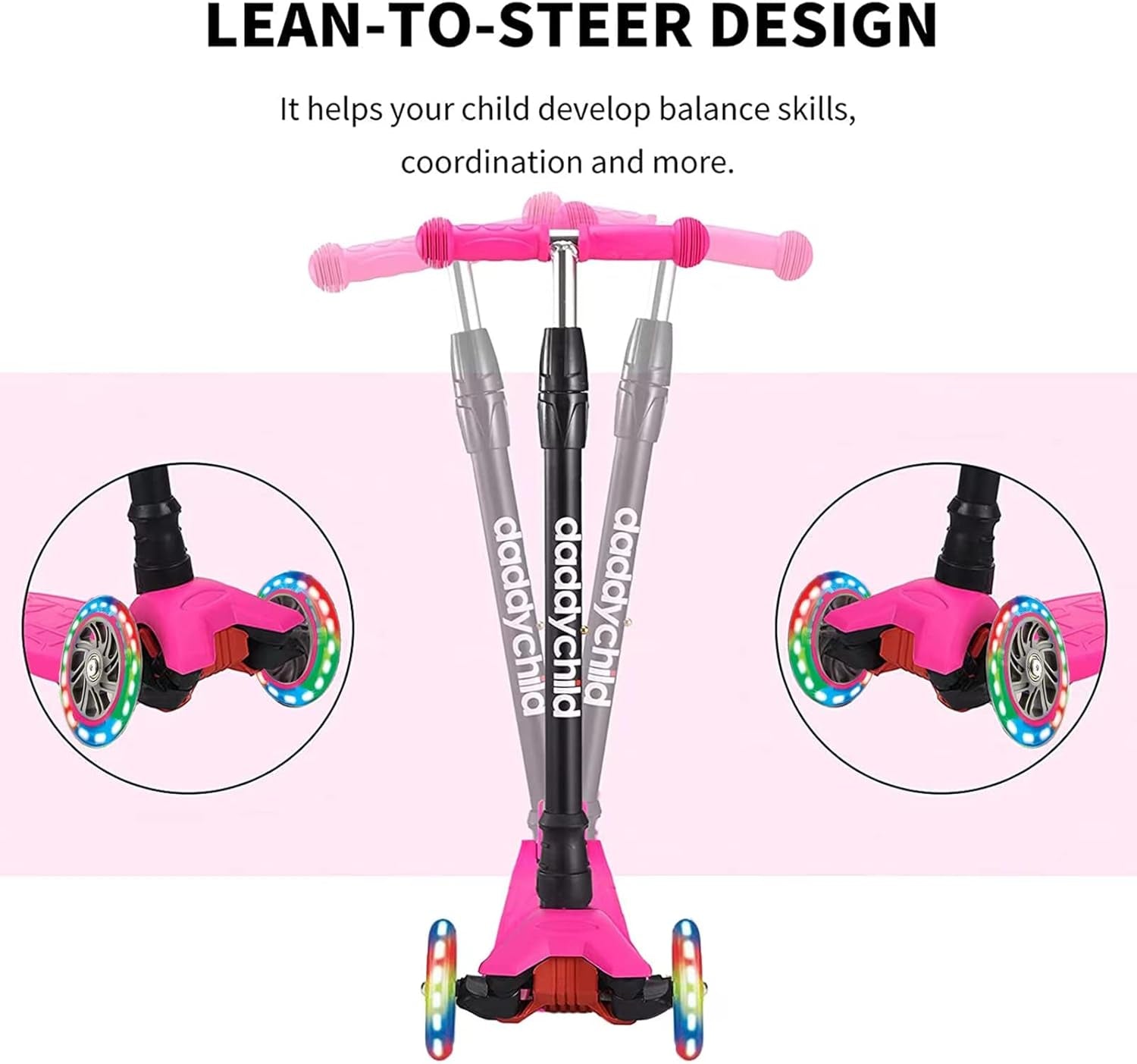Scooters for Kids 3 Wheel Kick Scooter for Toddlers Girls & Boys, 4 Adjustable Height, Lean to Steer, Extra-Wide Deck, Light up Wheels for Children from 3 to 14 Years Old