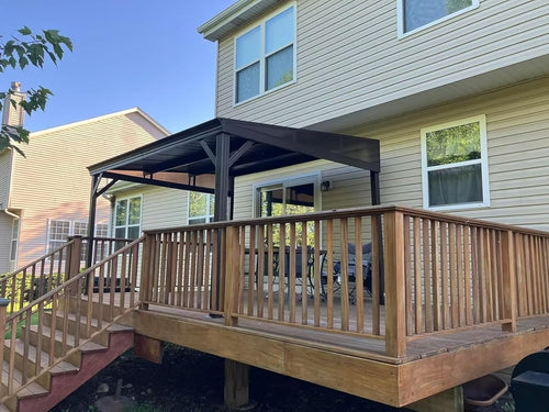 10' X 12' Hardtop Gazebo with Aluminum Frame, Wall Mounted Gazebo Galvanized Steel Roof Sloping Pergola with Curtains and Netting for Patio Deck Backyard Lawn Party