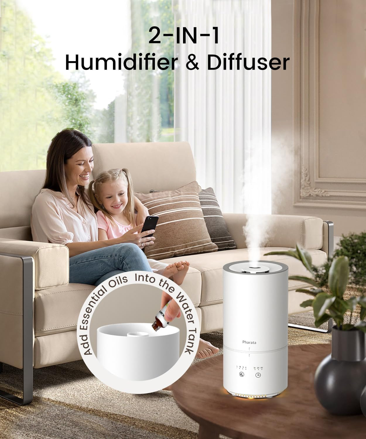 Humidifiers for Bedroom Baby Room, 1000Ml Small Cool Mist Top Fill Air Humidifiers for Nursery & Plants, Ultra Quiet Essential Oil Diffuser with Warm Yellow Night Light, (White)