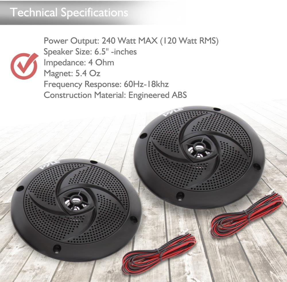 Marine Speakers 6.5 Inch - 2 Way Waterproof and Weather Resistant Outdoor Audio Stereo Sound System with 240 Watt Power and Low Profile Slim Style - 1 Pair (Black)