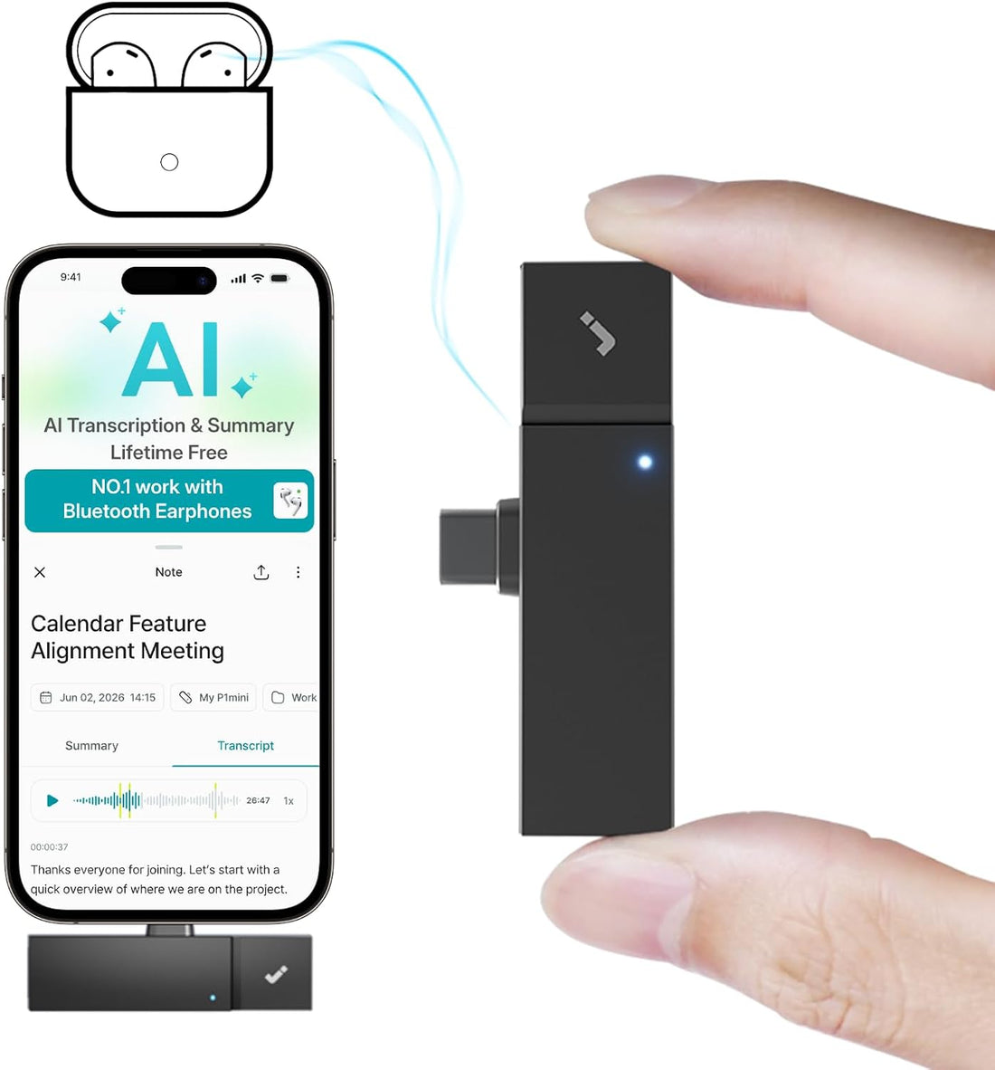 P1 Mini AI Voice Recorder: Smart Voice Recorder Works with Wireless Earbuds for Meeting Lectures Calls Bluecatch Tech Digital Audio Recorder Transcription Summary Hinotes