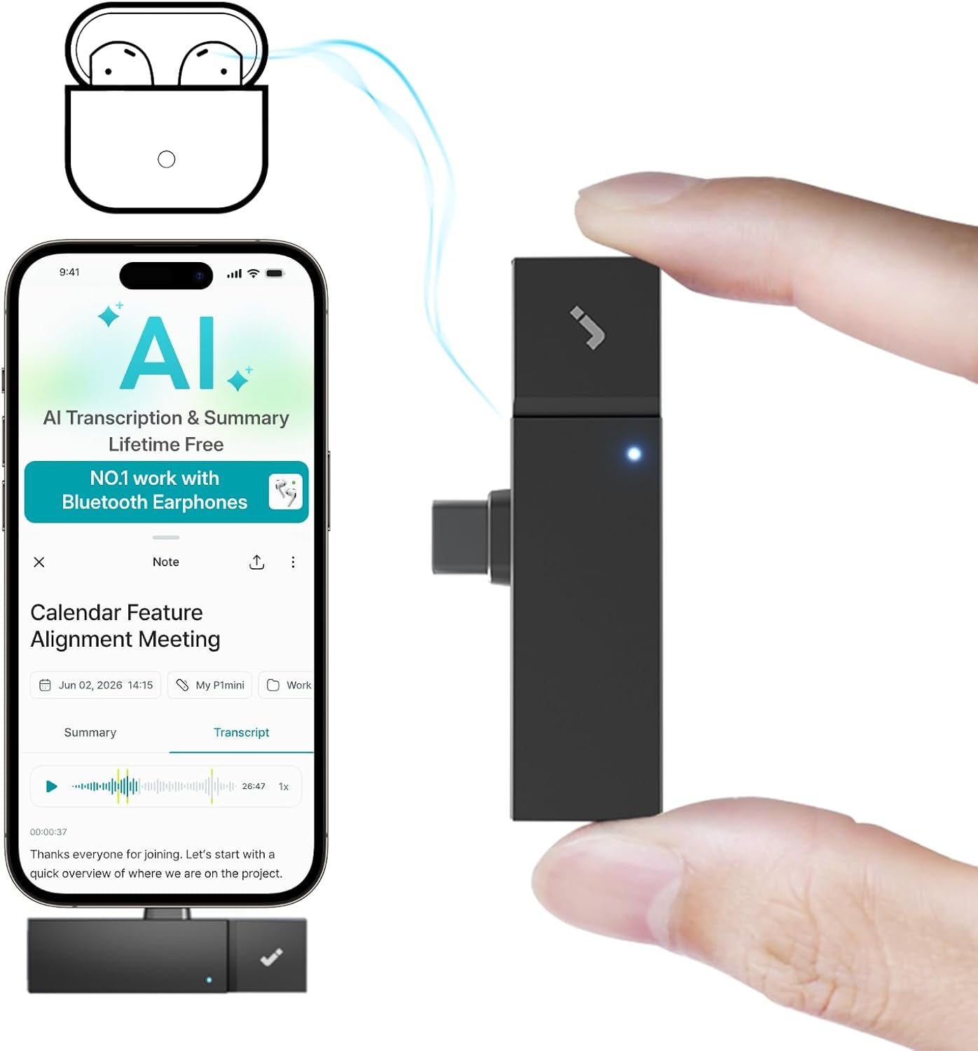 P1 Mini AI Voice Recorder: Smart Voice Recorder Works with Wireless Earbuds for Meeting Lectures Calls Bluecatch Tech Digital Audio Recorder Transcription Summary Hinotes