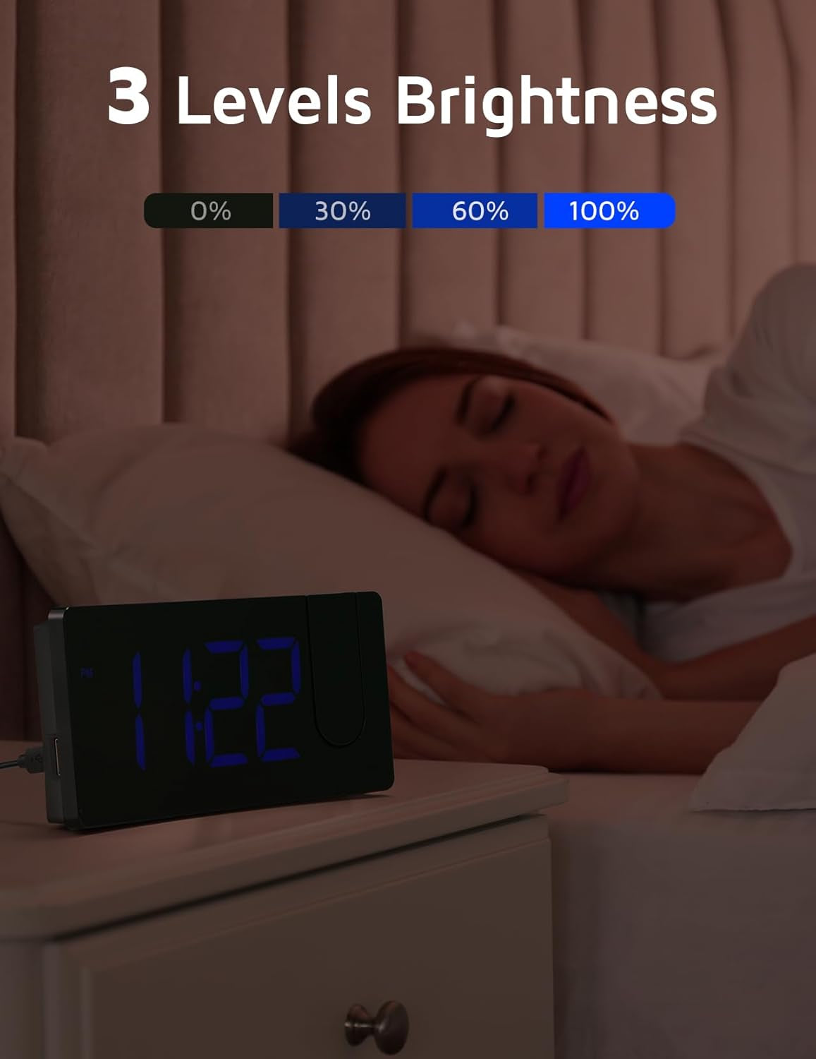Projection Alarm Clock, Digital Clock with Modern Curved Design 180° Rotatable Projector, 3-Level Brightness Dimmer, Clear Blue LED Display, Progressive Volume, 9Mins Snooze,12/24H, for Bedroom