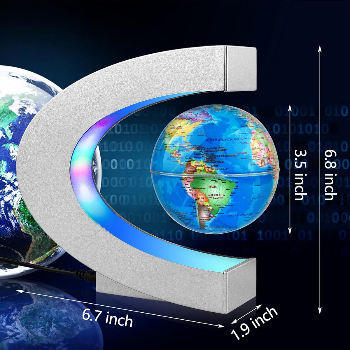 Magnetic Levitating Globe with LED Light, Cool Tech Gift for Men Father Boys and Girls , Birthday Gifts for Kids, Floating Globes World Desk Gadget Decor in Office Home/Display Frame Stand (Sliver)
