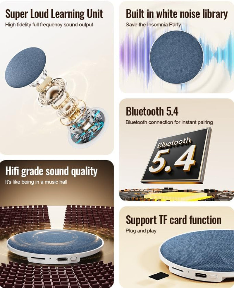 Bluetooth Pillow Speaker for Sleep Aid, under Pillow Audio Disc with White Noise, Type-C Charging, 200Mah Battery, Bluetooth 5.4, TF Card Support, 92Mm