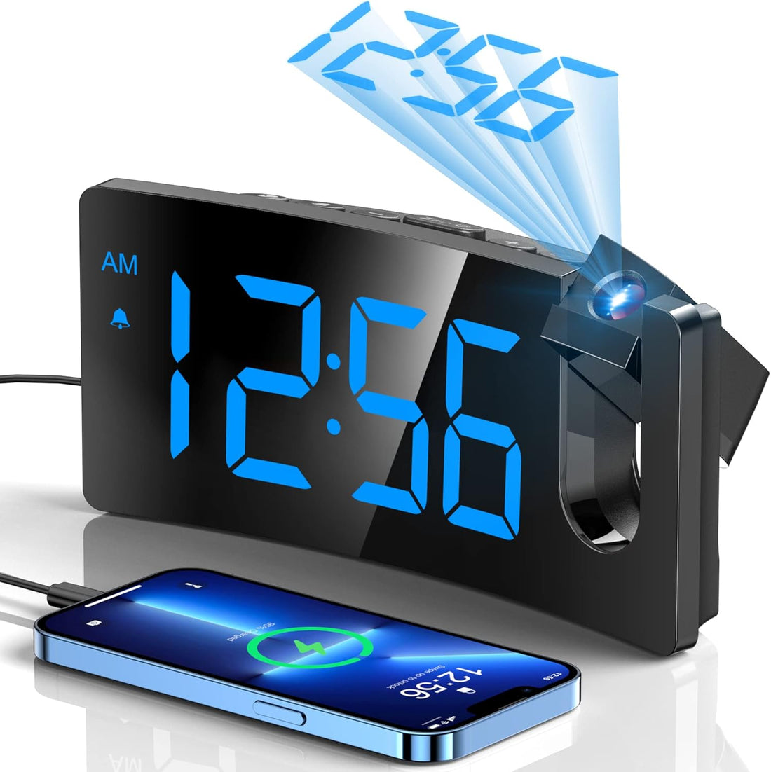 Projection Alarm Clock, Digital Clock with Modern Curved Design 180° Rotatable Projector, 3-Level Brightness Dimmer, Clear Blue LED Display, Progressive Volume, 9Mins Snooze,12/24H, for Bedroom