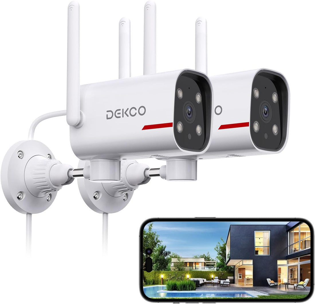 2Pack Outdoor Security Camera with 2K Color Night Vision, Pan Rotating 180° Wired Camera Surveillance Exterieur Support 24/7 Recording, 2.4&amp;5G Wifi, AI Auto Tracking, Work Alexa/Google Assistant