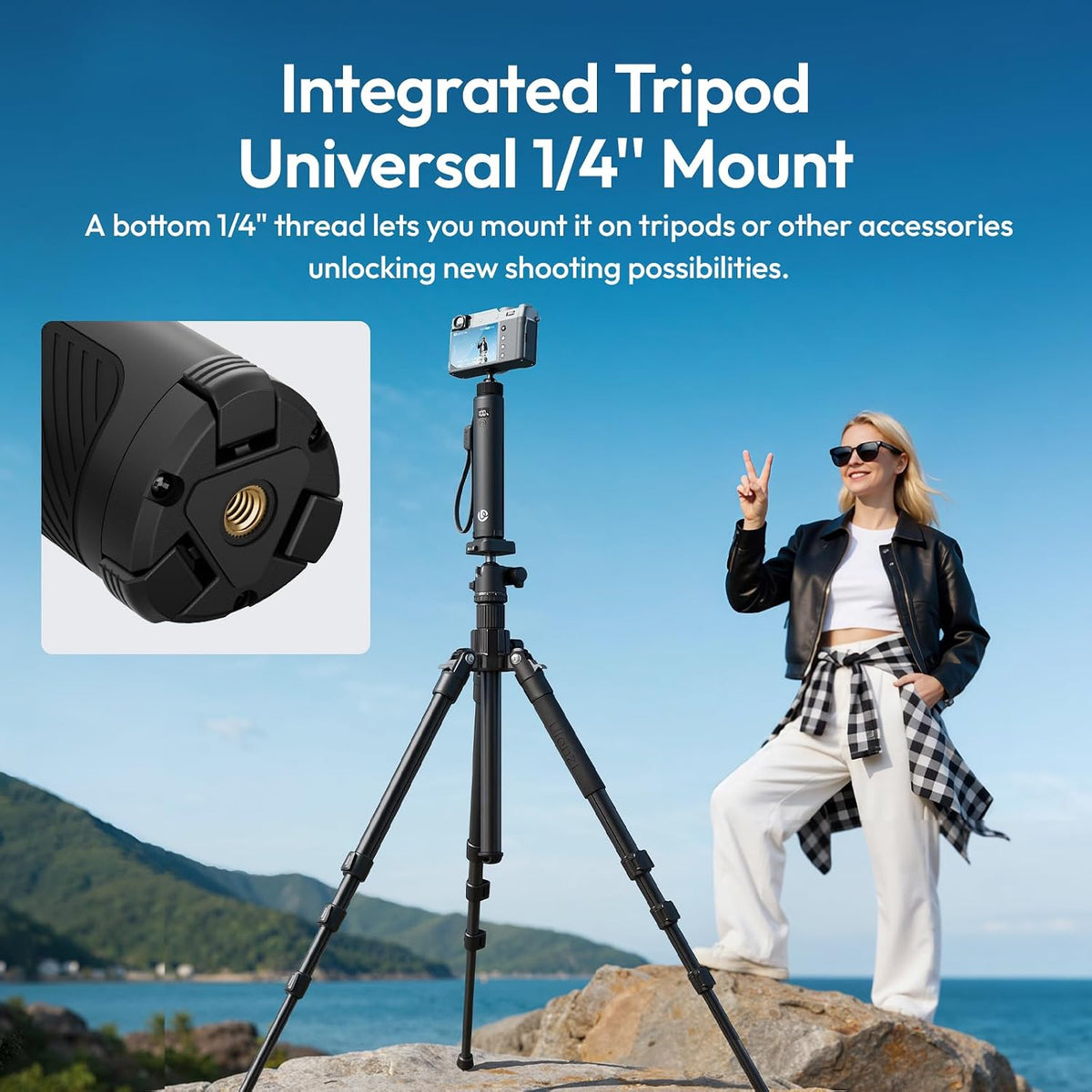 MA93 Battery Power Handle Grip with Hidden Tripod, 10000Mah Portable Power Bank for Action Camera &amp; Phone,Mobile Charger with Multi-Function Lanyard for Gimbal Camera Accessories
