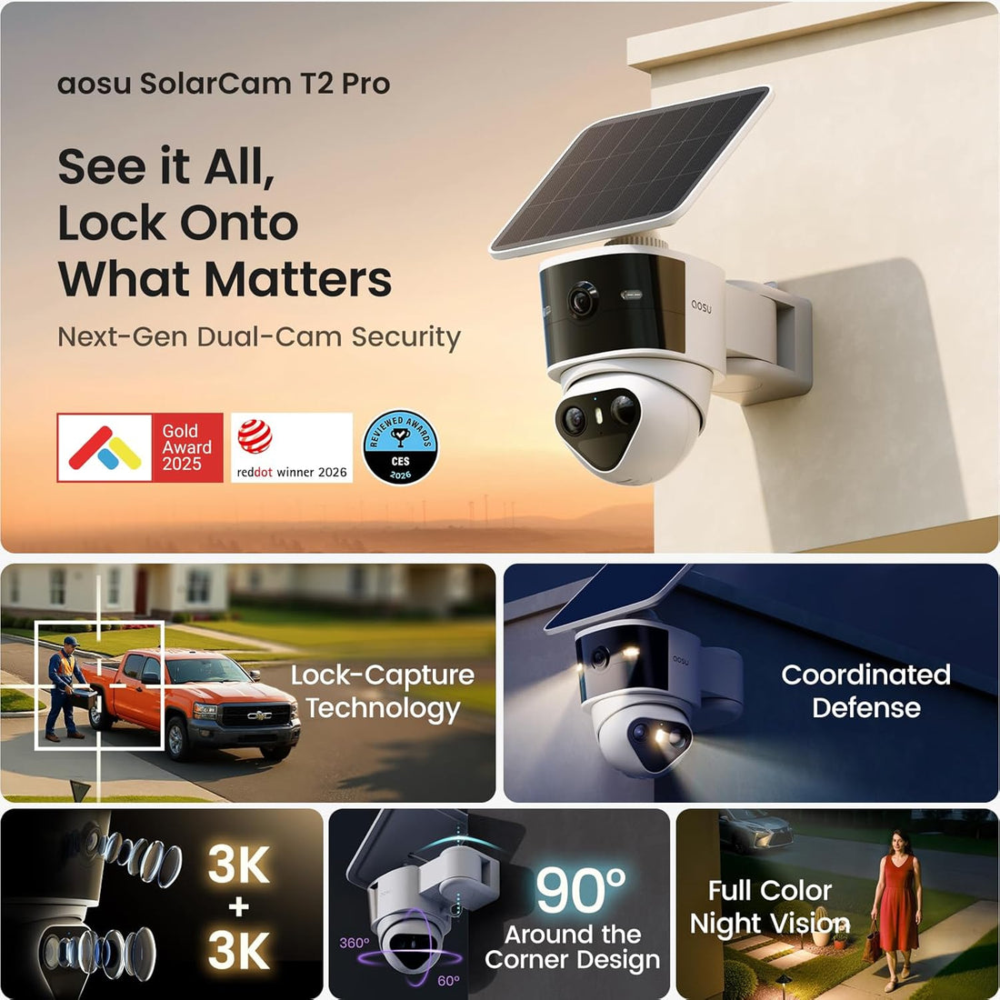 T2 Pro Security Camera Wireless Outdoor, Dual 3K Solar Camera Outdoor Wifi, 170° Wide &amp; 360° PTZ for No Blind Spots, Human &amp; Vehicle Tracking, No Subscription Required