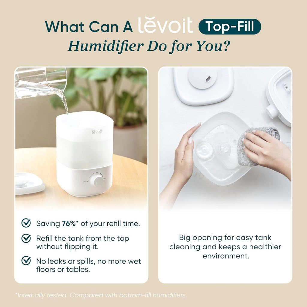 Humidifiers for Bedroom, Top Fill Cool Mist Air Humidifier for Baby Nursery, Plants, Ultrasonic, Auto Shut-Off, BPA Free, Quiet, Knob Control, 360° Nozzle
