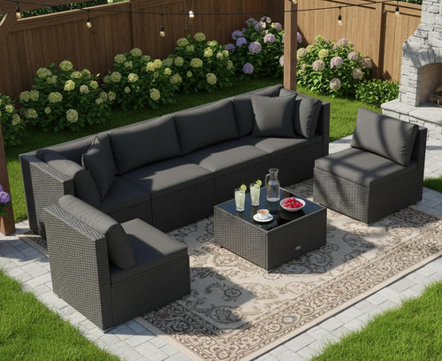 7 Pieces Wicker Patio Furniture Set, Outdoor Sectional Rattan Sofa Set for 6 with Seat & Back Cushions, Pillows, Coffee Table, Modular Conversation Set for Backyard, Poolside, Deck & Garden