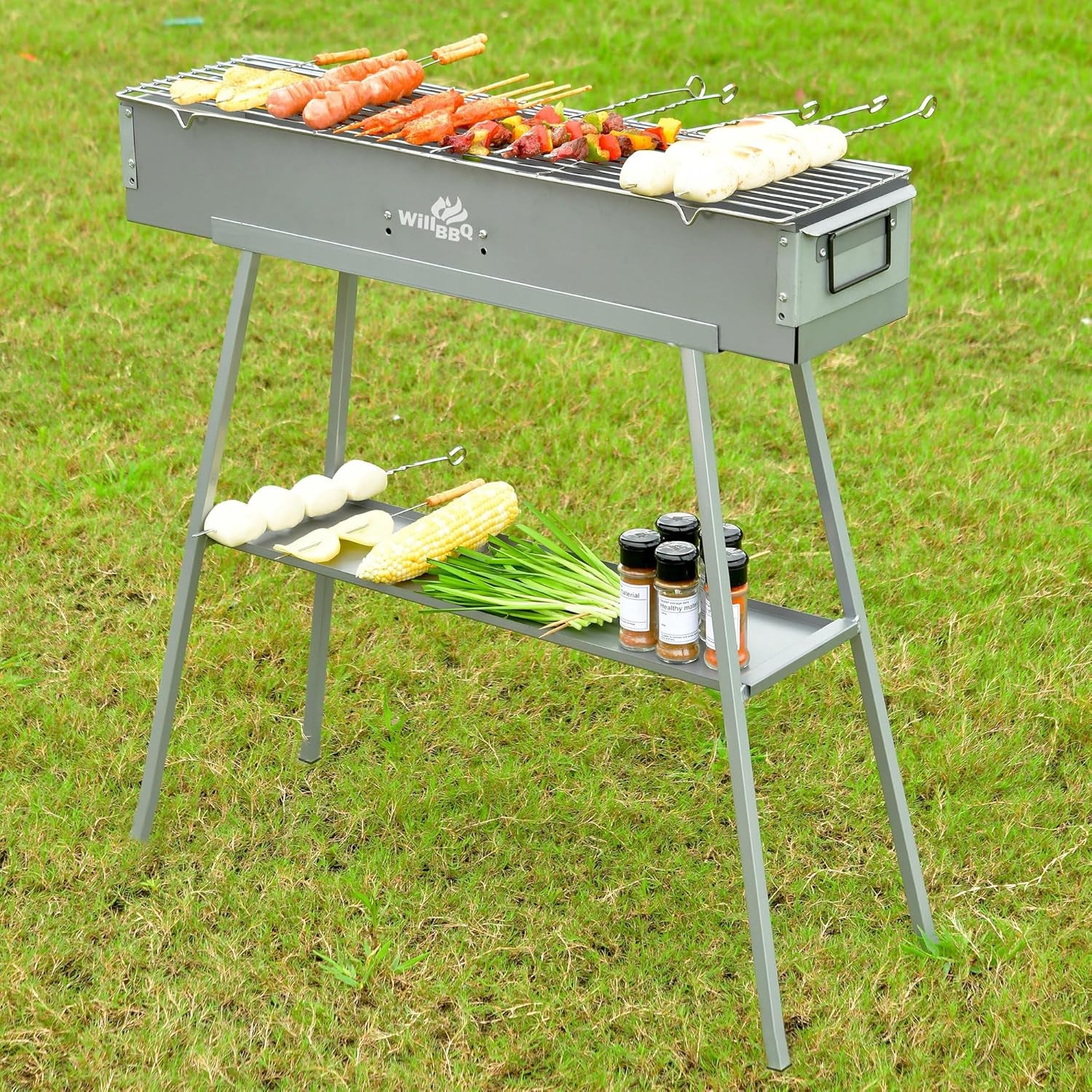 Charcoal Grills Commercial Quality Portable Multiple Size Hibachi BBQ Lamb Skewer Detachable‌ Camping Barbecue Grill for Garden Backyard Party Picnic Outdoor Cooking Use(31.6X7.1X5.1 Inch)