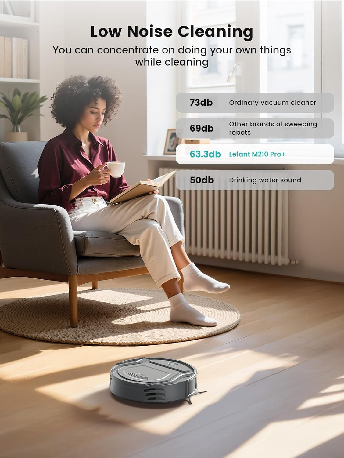 M210 Pro+ Robot Vacuum Cleaner, 6000Pa Suction, 200 Mins Runtime, Precisense Obstacle Avoidance, Self-Charging, Slim &amp; Quiet, Wifi/App/Alexa, Pet Hair &amp; Hard Floors, Grey