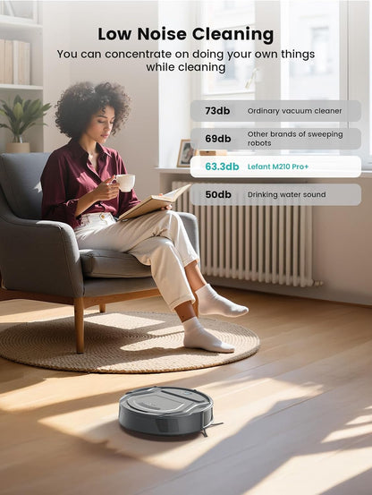 M210 Pro+ Robot Vacuum Cleaner, 6000Pa Suction, 200 Mins Runtime, Precisense Obstacle Avoidance, Self-Charging, Slim &amp; Quiet, Wifi/App/Alexa, Pet Hair &amp; Hard Floors, Grey