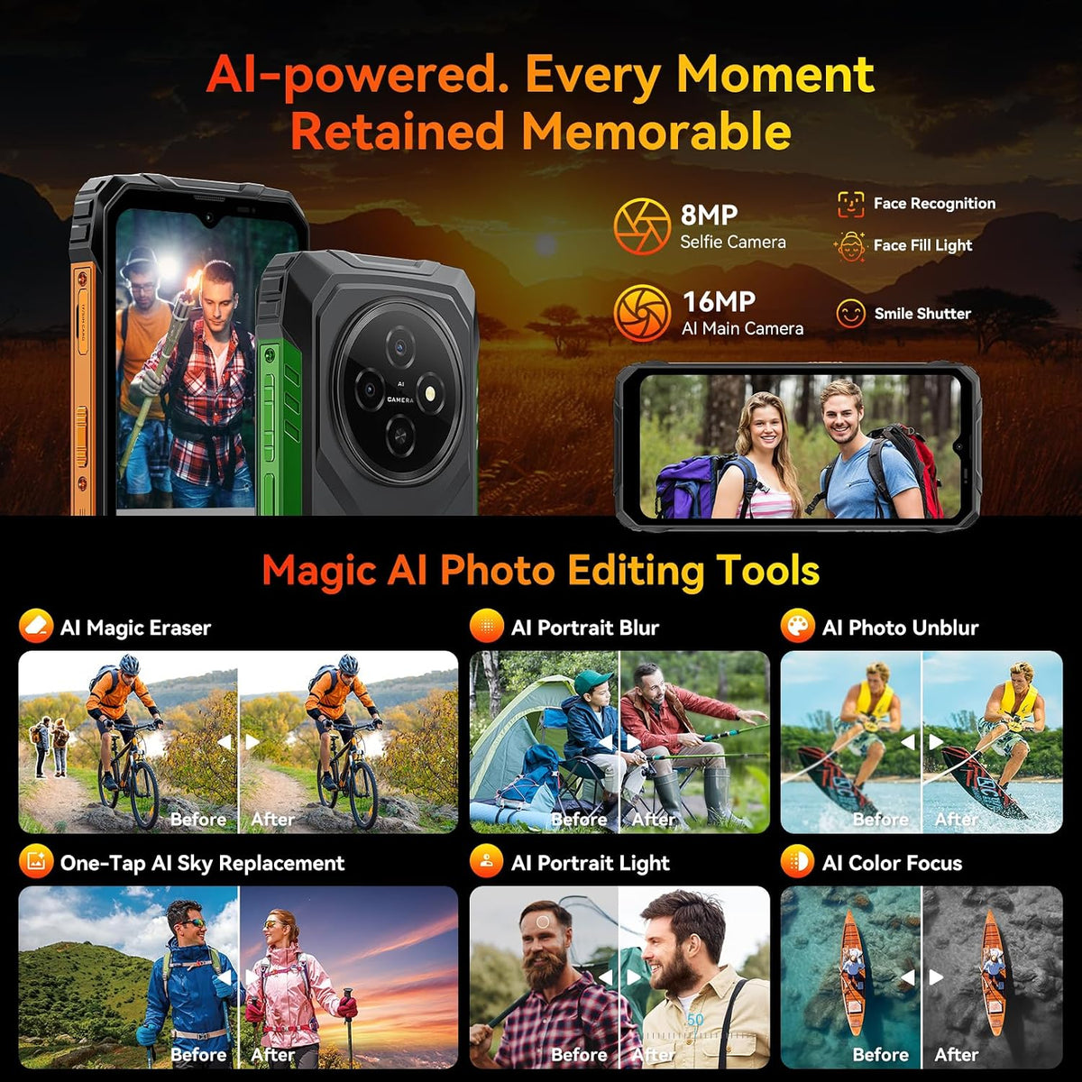 Rugged Phone Android 16, 10000Mah Battery 12GB+128GB/2TB Expand Gemini AI 6.56 Inch 90Hz 4G T-Mobile Dual SIM IP69K Waterproof Rugged Smartphone Unlocked Fingerprint/Nfc/Otg/Gps
