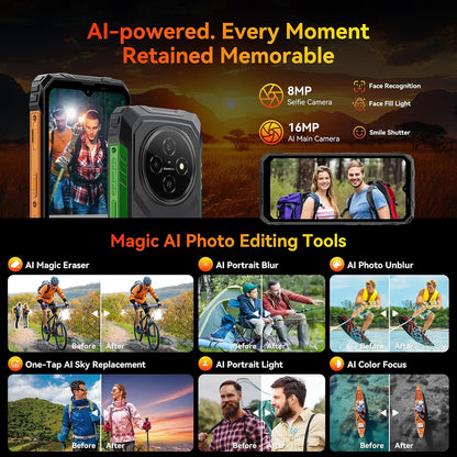 Rugged Phone Android 16, 10000Mah Battery 12GB+128GB/2TB Expand Gemini AI 6.56 Inch 90Hz 4G T-Mobile Dual SIM IP69K Waterproof Rugged Smartphone Unlocked Fingerprint/Nfc/Otg/Gps