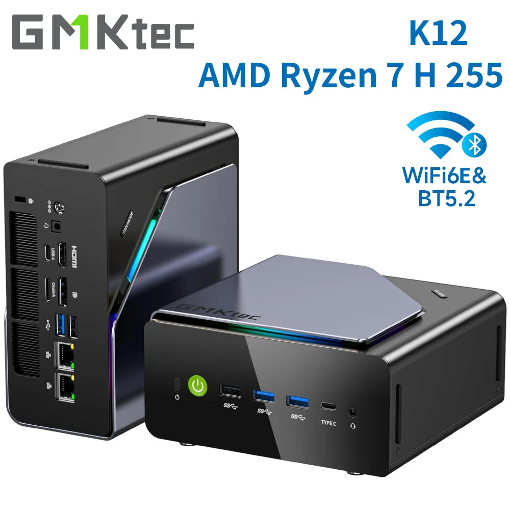 Gmktec K12 Gaming Mini PC  Ryzen 7 H 255(Upgraded 8745HS) Desktop Mini Computers Radeon 780M Wifi 6E/BT5.2, USB-C, Barebone