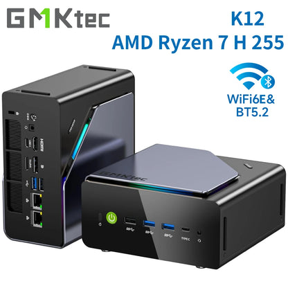 Gmktec K12 Gaming Mini PC  Ryzen 7 H 255(Upgraded 8745HS) Desktop Mini Computers Radeon 780M Wifi 6E/BT5.2, USB-C, Barebone