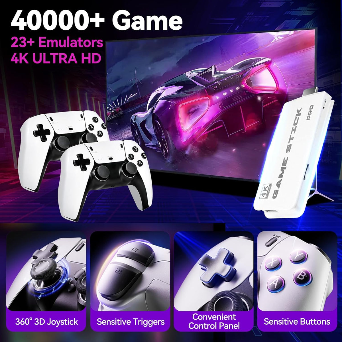 2025 Upgraded Retro Gaming Console, 4K HDMI Video Game Consoles with 40,000+ Games &amp; 23 Emulators, Plug and Play Video Gaming Stick with Upgrade Dual 2.4G Controllers (128G)