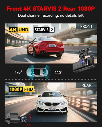 4K Dash Cam Front and Rear, STARVIS 2 Sensor, Touch Screen 3.18", Voice Control, 20Mb/S 5.8Ghz Wifi 6 Car Dashcam with 128GB Card, GPS, Night Vision, Emergency Lock, Parking Mode(F7N Touch)