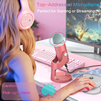 Podcast Microphone for Iphone PC &amp; Mac, Noise Cancellation USB Mic with Volume, Mute &amp; Echo Control, Zero-Latency Monitoring, for ASMR, Podcasting, Vocal Recording &amp; Voice-Over - K66 Pink